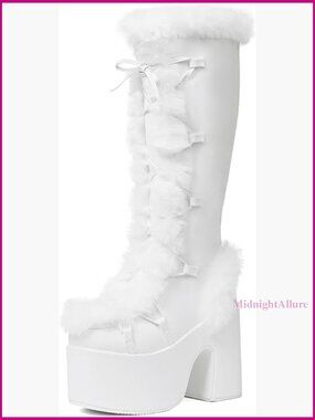 Knee High Platform Boots with Faux Fur Lining Chunky Heel Winter Snow